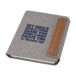 Duurzame schrijfmap met walnoothouten sluiting A5, gelijnde pagina’s kleur grijs weergave zeefdruk