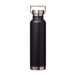 Dubbelwandige RVS drinkfles van gerecycled staal met schroefdop 650 ml kleur zwart derde weergave voorkant