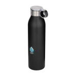 RVS drinkfles van gerecycled staal met rond handvat 650 ml kleur zwart weergave tampondruk