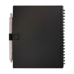 Notitieboek van gerecycled plastic met penhouder en blauwe inktpen kleur zwart tweede weergave achterkant