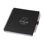 Notitieboek van gerecycled plastic met penhouder en blauwe inktpen kleur zwart weergave tampondruk