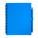 Notitieboek van gerecycled plastic met penhouder en blauwe inktpen kleur blauw tweede weergave voorkant