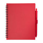 Notitieboek van gerecycled plastic met penhouder en blauwe inktpen kleur rood tweede weergave voorkant