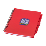 Notitieboek van gerecycled plastic met penhouder en blauwe inktpen kleur rood weergave tampondruk