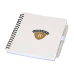 Notitieboek van gerecycled plastic met penhouder en blauwe inktpen kleur wit weergave tampondruk