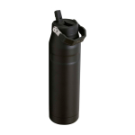 Geïsoleerde RVS drinkfles met inklapbaar rietje 1,06 L kleur zwart