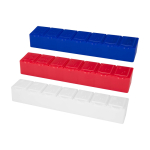 Multivitamine pillendoosje met zeven gelabelde compartimenten kleur blauw tweede weergave meerdere kleuren