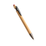 Bamboe pen met touch-tip en metalen details, blauwe inkt kleur rood