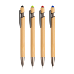 Bamboe pen met touch-tip en metalen details, blauwe inkt