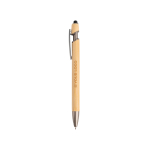 Bamboe pen met touch-tip en metalen details, blauwe inkt