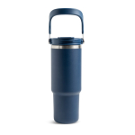 RVS thermobeker met dubbele dop en inklapbaar handvat 900 ml kleur marineblauw