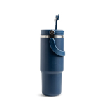 RVS thermobeker met dubbele dop en inklapbaar handvat 900 ml kleur marineblauw