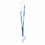 Custom made polyester lanyard met gestikt etiket en karabijnhaak kleur wit weergave met bedrukking