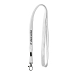 Custom made polyester lanyard met klem en metalen karabijnhaak kleur wit weergave met bedrukking