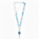 Custom made RPET lanyard met badgehouder en metalen detail kleur ultramarijn blauw weergave met bedrukking