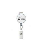Custom made ronde intrekbare badgehouder, personaliseerbaar ⌀2.8 kleur grijs weergave met bedrukking