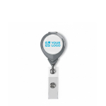 Custom made ronde intrekbare badgehouder, personaliseerbaar ⌀2.5 kleur grijs weergave met bedrukking