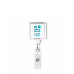 Custom made vierkante intrekbare badgehouder, personaliseerbaar kleur wit weergave met bedrukking
