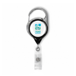 Custom made ronde intrekbare badgehouder met karabijnhaak en clip kleur zwart weergave met bedrukking