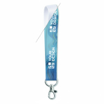 Op maat gemaakte korte polyester band met karabijnhaak kleur wit weergave met bedrukking