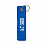 Geborduurd polyester label met sleutelhanger, personaliseerbaar kleur blauw weergave met bedrukking