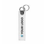 Geborduurd polyester label met dubbele ring, customizebaar kleur wit weergave met bedrukking