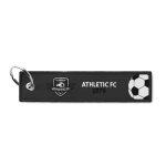 Sleutelhanger in labelvorm polyester, bedrukken met geborduurd logo kleur zwart