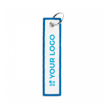 Sleutelhanger in labelvorm polyester, bedrukken met geborduurd logo kleur blauw weergave met bedrukking
