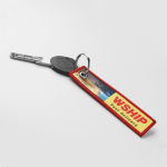 Polyester label met ring, sleutelhanger, met eigen ontwerp kleur zwart