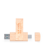 Lichte houten USB-stick met clip en dubbele Type-C aansluiting met jouw bedrukking