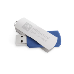 USB van kunststof met aluminium draaiclip kleur blauw afbeelding met logo