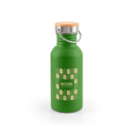 RVS-fles met bamboe dop met draaglus 580ml kleur groen afbeelding met logo
