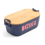 Luchtdichte plastic lunchbox met bamboe deksel en sluitclips 1L kleur marineblauw afbeelding met logo