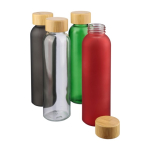 Gekleurde glazen fles met matte coating en bamboe schroefdop 500ml negende weergave