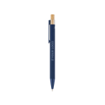 Gerecyclede aluminium pen met bamboe drukknop, blauwe inkt kleur marineblauw met jouw bedrukking