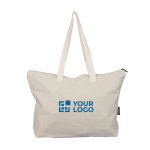 Gerecyclede polykatoenen tas met ritssluiting en lange hengsels 330 g/m² kleur beige met jouw bedrukking