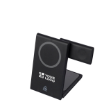 Ultradun magnetisch 3-in-1 draadloos laadstation 15W kleur zwart met jouw bedrukking