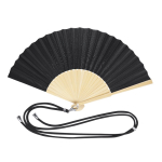 Polyester waaier met bamboe spijlen en draagkoord kleur zwart  negende weergave