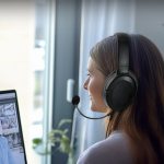 Koptelefoon met oorkussens en microfoon met mute-functie kleur zwart achtste weergave