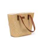 Stro tas met katoenen voering en hengsels van kunstleer kleur naturel detailweergave 3