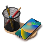 Multifunctionele pennenhouder met draadloos laden en bamboe kleur naturel detailweergave 1