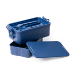 Plastic lunchbox met dubbel compartiment en bestek 2,3 L kleur marineblauw detailweergave 1