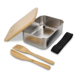 RVS lunchbox met bamboe deksel, bestek, elastische sluiting kleur zilver tweede weergave