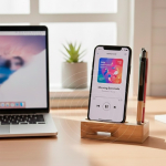 Multifunctionele standaard van bamboe met geluidsversterker