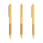 Balpen met transparante clip en bamboe grip, zwarte inkt kleur geel