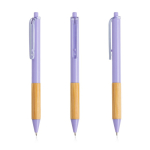 Balpen met transparante clip en bamboe grip, zwarte inkt kleur paars