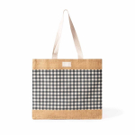 Tas van gerecycled katoen en jute met ruitdesign 220 g/m² kleur wit/zwart