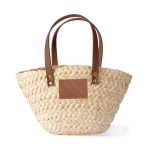 Kleine papieren mandtas met korte handvaten en label kleur naturel