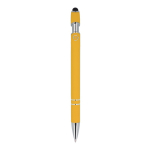 Pen van gerecycled aluminium met stevige clip en blauwe inkt kleur geel vierde weergave