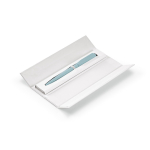 Draaibare pen van gerecycled aluminium met zwarte inkt kleur pastel blauw weergave in doos